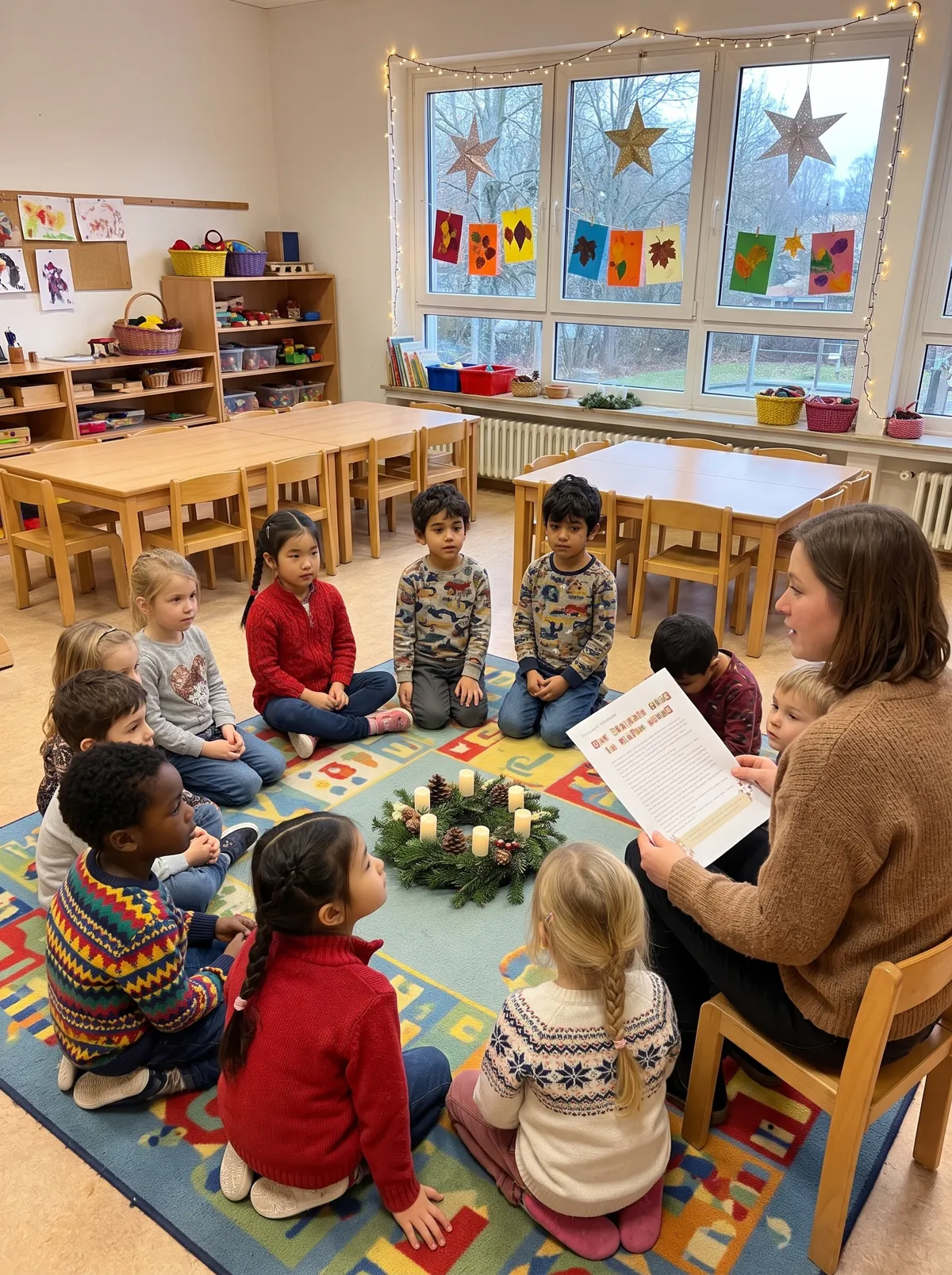 Eine Lehrerin liest einer Grundschulklasse im Sitzkreis vor, in der Mitte steht ein Adventskranz mit vier Kerzen