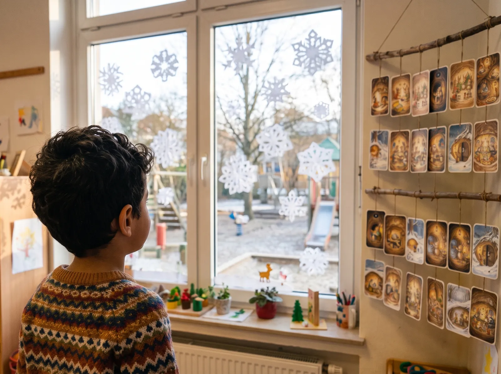 Ein Kind schaut im Klassenzimmer aus dem Fenster mit Papierschneeflocken, daneben hängt ein Kalender aus illustrierten Karten an Ästen
