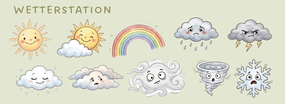 Illustrierte Wetterkarten mit Gesichtern: Sonne, Regenbogen, Regenwolke, Gewitter, Wind, Tornado und Schneeflocke