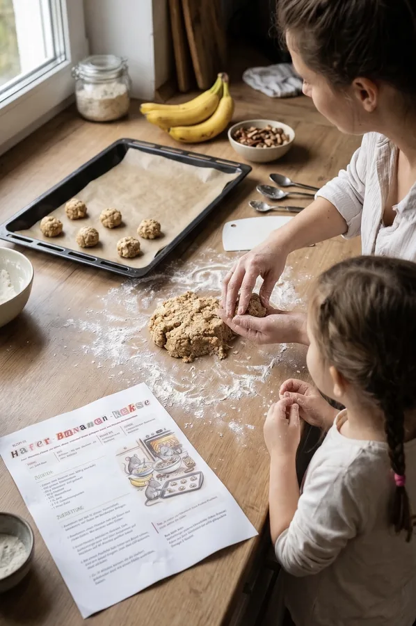 Mutter und Tochter formen Hafer-Bananen-Kekse, das ausgedruckte Rezept liegt auf der Arbeitsplatte